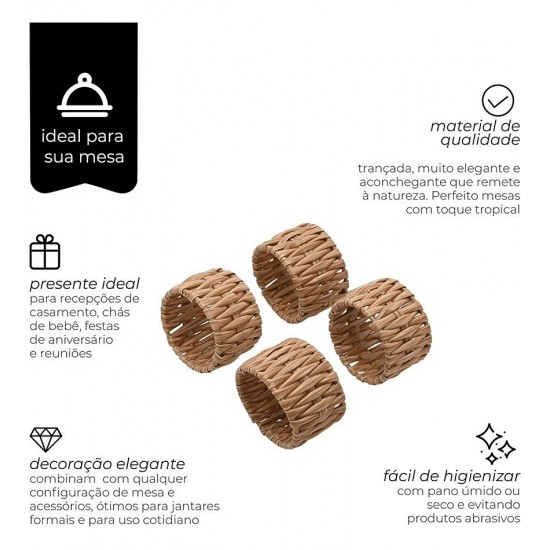Jogo 4 Anéis Para Guardanapo Claro Rattan Sintético